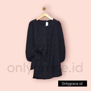 Tunik Brukat Kombinasi Crepe Tali Pita Lengan Panjang Atasan Tunik Wanita Lengan Panjang Tunik Putih Tunik Hitam Import Brukat Crepe