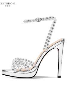เรียบหรู รองเท้าแตะส้นสูง ผู้หญิง แพลตฟอร์มกันน้ํา Rhinestone Body แฟชั่นแสดงรองเท้าหัวเข็มขัด สายคล้อง รองเท้าส้นสูง Ili Xin
