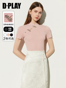 Dplay Summer Style Short Sleeve Knitted Top Metal Button Asymmetrical Opening Stand Collar Traditional Chinese Embroidery Small Shirt