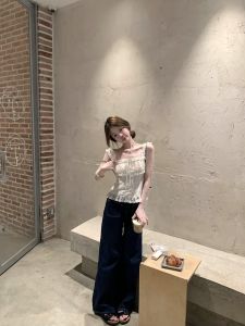 VKSOD | ชุดเดรสสไตล์เกาหลีพร้อมเสื้อกั๊กคอวีลูกไม้โปร่งใสพร้อมกางเกงยีนส์ขากว้าง ชุดสองชิ้นสำหรับฤดูร้อนปี 2025