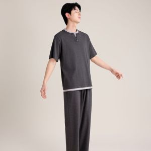 Summer Thin Cotton Pajamas Set for Couples Loose Fit Short Sleeve Long Pants Comfortable Breathable Sleepwear Casual Home Clothes