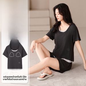 MiiOW | ชุดนอนผ้าไหมน้ำแข็งฤดูร้อนสำหรับผู้หญิง 2025 ใหม่พร้อมแผ่นรองหน้าอก หลวมๆ ลำลอง ชุดนอนผ้าฝ้ายผสมโพลีเอสเตอร์ แขนสั้น คอกลม