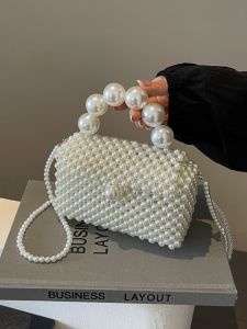 Elegant Pearl Chain Small Square Bag Fashionable Versatile Handbag Woven Crossbody Beaded Bag Gentle Fairy Style Handbag