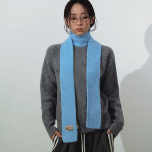 Narrow Knitted Wool Blend Scarf Iceland Blue Solid Color Warm for Women Autumn Winter Fashion Korean Style Rectangle Shape Scarf