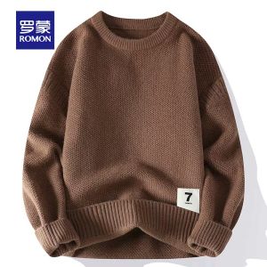 ROMON | Lormen Mens Round Neck Knitted Sweater Thickened Warm Casual Fashion Winter Black Top Quality Polyester Nylon Loose Fit Sweatshirt