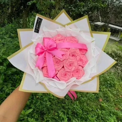 (10 bunga) Buket bunga pita satin glitter termurah mahkota dan tulisan kado glitter elegan dengan glitter gratis untuk wisuda ultah anniv wedding