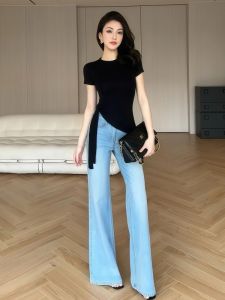 Áo Thun Cotton Co Giãn Hở Vai Mùa Hè Mới Cho Nữ Thiết Kế Ôm Vừa Vặn Không Đều Có Dây Buộc Thời Trang