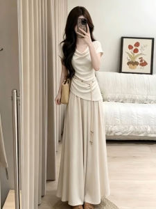 Ge·an·fei | Váy Maxi Tay Ngắn Cổ Trễ Phong Cách Pháp Thanh Lịch