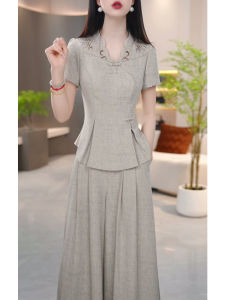 GUBODUO | Elegant Cheongsam-inspired Short Sleeve Suit Moms V-Neck Solid Wide-leg Trousers