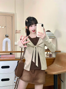 Retro Brown Patchwork Long Sleeve Womens T-Shirt with 3D Butterfly Knot Slim Fit Casual Style Creative Pattern Cotton Blend