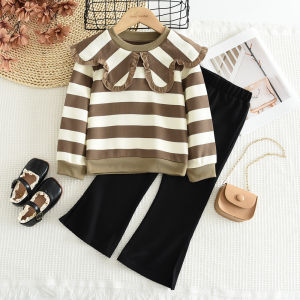 Bear Leader Baby Clothes Girls Sweatershirt Set Autumn Fashion New Pleated Lapel Collar Striped Pullover Top + Long Pants 2-piece Suit Korean Version Long Sleeved Kids Clothing