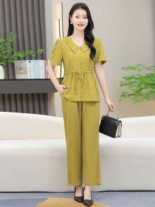 QIAOXIZI | Large Size Fashion Slimming Short Sleeve Summer Set 9-Bell Trousers