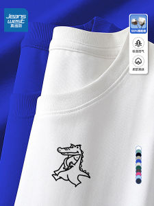 Jeanswest American Retro Heavyweight Pure Cotton Short Sleeve White T-Shirt Mens Trendy Print Couple Style Base Body Shirt