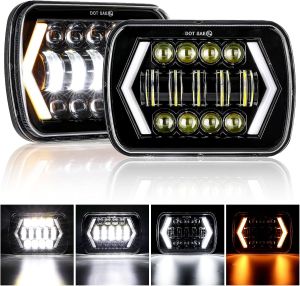 ไฟหน้า LED 7x6 5x7 รูปทรงลูกศร สีขาว DRL ไฟเลี้ยวสีเหลืองอำพัน สำหรับรถจี๊ป แรงเลอร์ YJ เชอโรกี XJ รถบรรทุก ไฟหน้า LED สี่เหลี่ยม H4