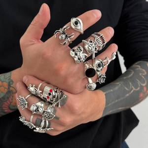 Salircon 21 Pcs Goth Creative Skull Spider Stack Ring Men Vintage Punk Silver Color Ring Street Party Jewelry Accessories Gift