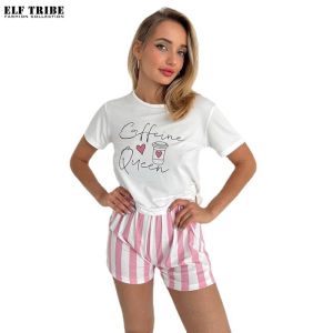 ELF TRIBE Printed Pajamas Womens Homewear Short-sleeved T-shirt & Shorts Set Fashion Sleepwear