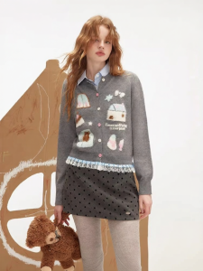 Unifree | Autumn New Fashion Korean Style Grey Lace Trim Knit Cardigan for Petite