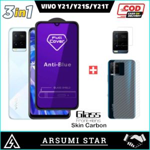 PROMO PAKET 3 IN 1 TEMPERED GLASS ANTI BLUE LIGHT / TEMPERED GLASS FULL / TEMPERED GLASS BENING VIVO Y21 Y21S Y21T Y21E Y21A Y21G TG ANTI GORES KACA + CAMERA LENS + SKIN CARBON 3D