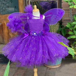 Girls Purple Fairy Dress Kids Glitter Flower Tutus Dresses with Wing Stick Hairbow Children Birthday Halloween Party Costumes