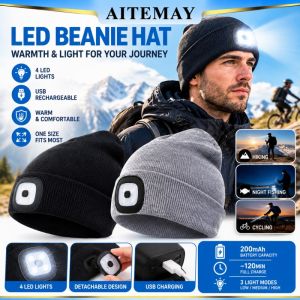 Aitemay Detachable LED Headlamp Beanie USB Rechargeable Warm Knitted Hat 4 Beads Flashlight Winter Cap For Outdoor Running Cycling Night Fishing
