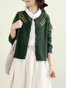 ฤดูใบไม้ผลิ ฤดูใบไม้ร่วง แขนสั้นคอกลมถัก ผ้าฝ้าย ด้ายเปิด คาร์ดิเกน ผู้หญิงปักบาง เสื้อสเวตเตอร์ ด้านนอก หลวม สีบริสุทธิ์ เสื้อแจ็คเก็ต แขนยาว