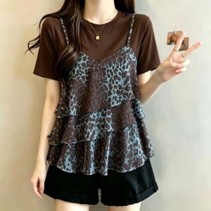 AIYITI | European-style Leopard Pattern Plus-size Concealing Belly Short Sleeve T-shirt