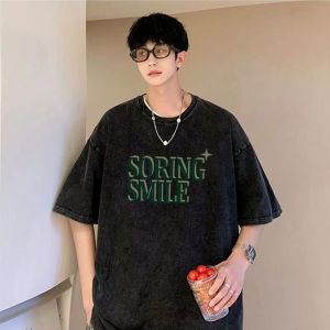 Large Size American Washed Short Sleeve T-Shirt Mens Casual round Neck Half Sleeve Top Breathable Lightweight Summer Fashion