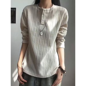 Áo Thun Dài Tay Họa Tiết Ngô Cao Cấp Kiểu Henry Dành Cho Nam Mùa Thu Thiết Kế Sợi Da Báo Cặp Áo Nỉ Bên Trong