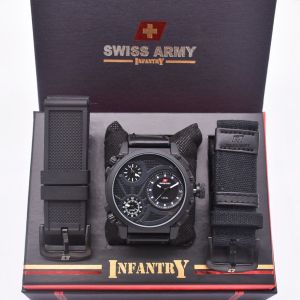 Jam tangan pria Paket Swiss army infantry Dapat 3 tali Strap  Kulit Rubber Dan kanvas Free box dan baterai cadangan
