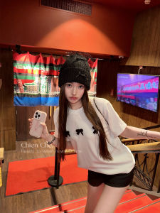 Chien Butterfly Knot Loose Knitted Short Sleeve T-Shirt Womens Base Layer Spring Summer White Comfortable Breathable Top