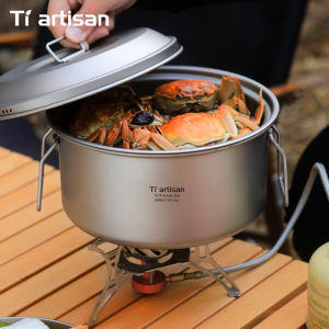 Tiartisan 2.1L/ 2.8L Titanium Camping Soup Pot Set Outdoor Lightweight Steamer with Steam Compartment Multi Functional Cookware