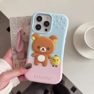 EOENKK | Kawaii Waist Curve Rilakkuma Silicone Phone Case For iPhone 17 16 15 14 13 Pro Max 16 17 Pro Cartoon Shockproof Soft Phone Cover