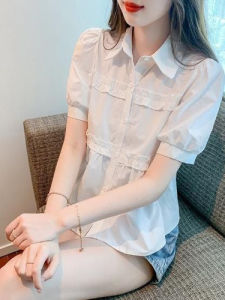 Korean Style Womens Shirt 2025 New Summer Design Polo Collar Bubble Sleeve Cover Belly Top Loose Fit Short Sleeve Pure Color