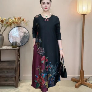 Ladieswear Autumn Clothing Dress Long Sleeves Fashionable New Spring and Autumn Skirt Long below the Knee Noble plus Size Middle-Aged and Elderly Womens Clothing