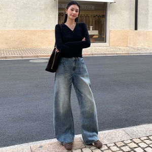 American Retro Blue Wide Leg Denim Jeans Womens Low Waist Loose Slimming Floor-Length Straight Leg Pants Casual Style