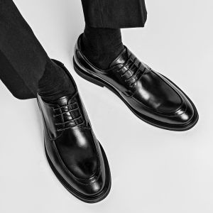British Style Business Formal Wedding Groom Leather Shoes Mens Korean Style Autumn Black Genuine Leather Breathable Increased Height Casual Shoes