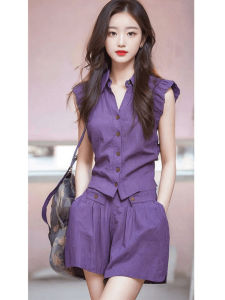 Fashionable Korean Style Purple Summer Outfit for Women Casual K-style Two-Piece Set with Sleeveless POLO Collar Regular Length