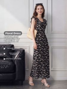 LIDIA | Black Floral Ruffle Sleeveless Slim Fitting Dress