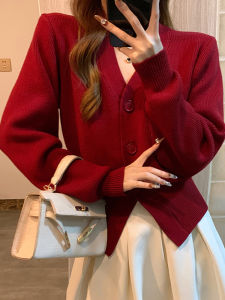 Christmas New Year V-Neck Knitted Cardigan Sweater Slim Fit Fashionable Boucle Style Top Commute Korean Style Long Sleeve