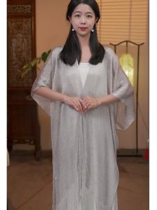 Summer Womens Shining Knitted Shawl Sunscreen Travel Cape Decorative Tassel Hollow out Design Versatile for All Ages