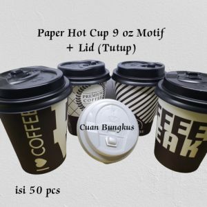 Paper Hot Cup 9 oz 210 ml Coffee + Tutup isi 50 pcs