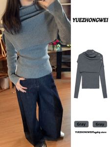 YUEZHONGWEI | Áo Sweater Kẻ Chéo Cổ Cao Có Khăn Quàng Dễ Tháo Tách Màu Xám