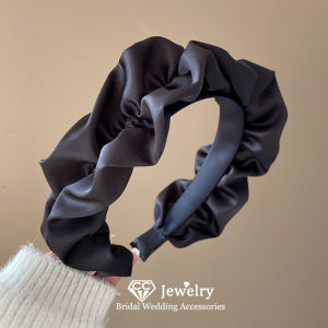 New 2023 Hàn Quốc lớn rộng ruffles satin bezel màu đen hairbands cho nữ phụ nữ Phụ kiện tóc