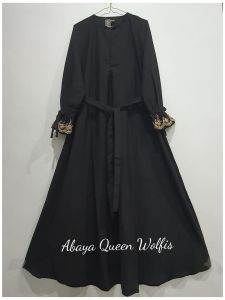 Abaya Jetblack Queen S-XXL / Gamis Hitam Polos Lengan Renda Pita