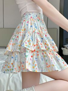กระโปรงสั้นทรงเอเอวสูงลายดอกไม้สไตล์เกาหลีสำหรับผู้หญิงในช่วงฤดูร้อนปี 2025 กระโปรงสั้นทรงเค้กทรงเอเข้ารูป