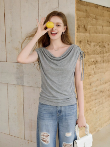 XIANGYING | Off-shoulder Knitted T-Shirt Grey Drawstring