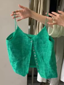 เสื้อยืดแขนกุดผ้าลินินสีเขียวสไตล์เกาหลีสำหรับผู้หญิงในช่วงฤดูร้อน เสื้อผ้าทำงานคอวีแขนกุดแบบลำลอง