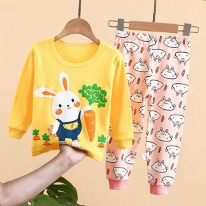 (Ship Within 24 Hour) Good Cotton Quality 0-5 Years Cotton Boys Cheap Sleepwear Suit Girls Pajamas Long Sleeve Blouse Tops + Pants 2pcs Children Clothing Autumn Baby Kids Pajamas Sets
