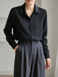 Elegant Black Silk Satin Womens Shirt Long Sleeve Drapey Maturity Professional Atmosphere Spring Autumn New Style Fashionable