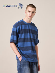 Simwood | Oversized Washed Denim Blue Striped Short Sleeve T-Shirt